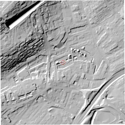Shaded relief map of the ground around BS29AQ, computed from Environment Agency LiDAR. The ground here sits at about 11 m above sea level and falls 51 m across the surrounding 800 m. Surface water reaching this point runs off ground lying to the south-south-west, 7.4 m higher.