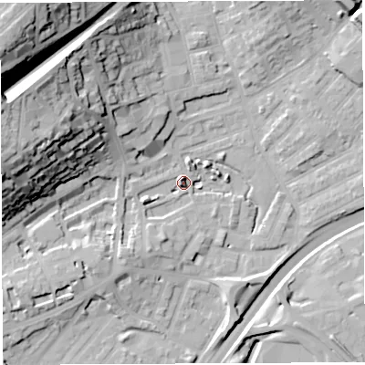 Shaded relief map of the ground around BS29AR, computed from Environment Agency LiDAR. The ground here sits at about 13 m above sea level and falls 50 m across the surrounding 800 m. Surface water reaching this point runs off ground lying to the west-north-west, 35.5 m higher.