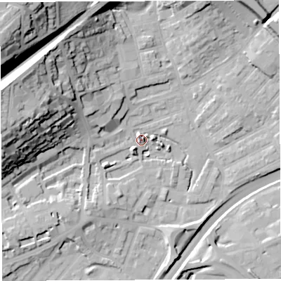 Shaded relief map of the ground around BS29AS, computed from Environment Agency LiDAR. The ground here sits at about 12 m above sea level and falls 49 m across the surrounding 800 m. Surface water reaching this point runs off ground lying to the west, 34.2 m higher.