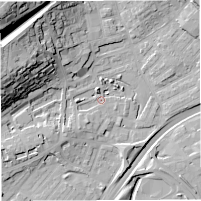 Shaded relief map of the ground around BS29AU, computed from Environment Agency LiDAR. The ground here sits at about 10 m above sea level and falls 50 m across the surrounding 800 m. Surface water reaching this point runs off ground lying to the west-north-west, 34.9 m higher.