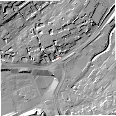 Shaded relief map of the ground around BS29AW, computed from Environment Agency LiDAR. The ground here sits at about 8 m above sea level and falls 20 m across the surrounding 800 m. Surface water reaching this point runs off ground lying to the north-west, 8.3 m higher.