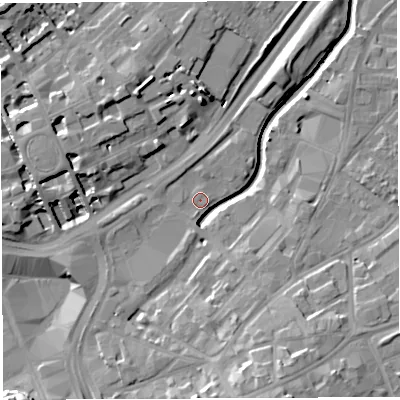 Shaded relief map of the ground around BS29DA, computed from Environment Agency LiDAR. The ground here sits at about 10 m above sea level and falls 17 m across the surrounding 800 m. Surface water reaching this point runs off ground lying to the west-south-west, 3.4 m higher.