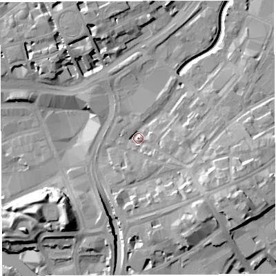 Shaded relief map of the ground around BS29DB, computed from Environment Agency LiDAR. The ground here sits at about 12 m above sea level and falls 18 m across the surrounding 800 m. Surface water reaching this point runs off ground lying to the east-south-east, 12.0 m higher.