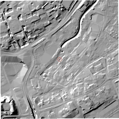 Shaded relief map of the ground around BS29DG, computed from Environment Agency LiDAR. The ground here sits at about 10 m above sea level and falls 18 m across the surrounding 800 m. Surface water reaching this point runs off ground lying to the south-south-east, 12.0 m higher.