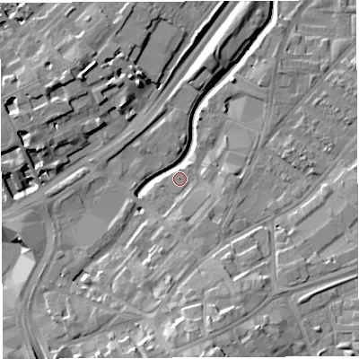 Shaded relief map of the ground around BS29DQ, computed from Environment Agency LiDAR. The ground here sits at about 10 m above sea level and falls 18 m across the surrounding 800 m. Surface water reaching this point runs off ground lying to the south, 1.2 m higher.