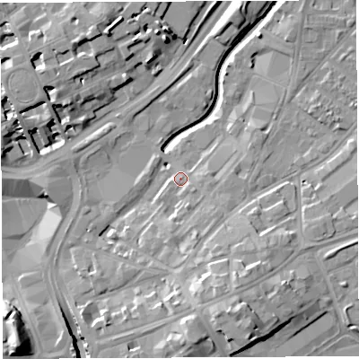 Shaded relief map of the ground around BS29DR, computed from Environment Agency LiDAR. The ground here sits at about 12 m above sea level and falls 18 m across the surrounding 800 m. Surface water reaching this point runs off ground lying to the south-south-east, 5.2 m higher.