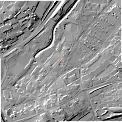 Shaded relief map of the ground around BS29EB, computed from Environment Agency LiDAR. The ground here sits at about 13 m above sea level and falls 18 m across the surrounding 800 m. Surface water reaching this point runs off ground lying to the south-south-west, 2.2 m higher.
