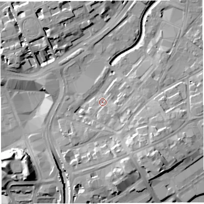 Shaded relief map of the ground around BS29EG, computed from Environment Agency LiDAR. The ground here sits at about 12 m above sea level and falls 18 m across the surrounding 800 m. Surface water reaching this point runs off ground lying to the south-east, 6.0 m higher.