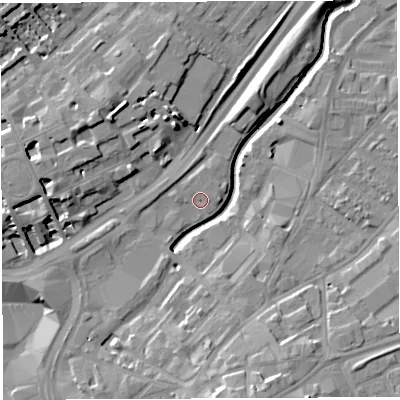 Shaded relief map of the ground around BS29EH, computed from Environment Agency LiDAR. The ground here sits at about 10 m above sea level and falls 15 m across the surrounding 800 m. Surface water reaching this point runs off ground lying to the north-north-east, 1.9 m higher.