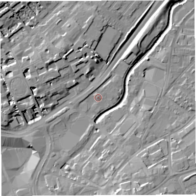 Shaded relief map of the ground around BS29EQ, computed from Environment Agency LiDAR. The ground here sits at about 10 m above sea level and falls 15 m across the surrounding 800 m. Surface water reaching this point runs off ground lying to the north-north-east, 1.7 m higher.