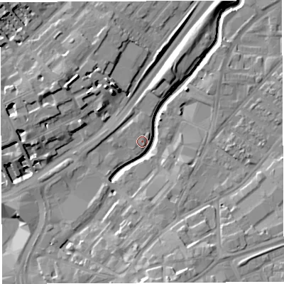 Shaded relief map of the ground around BS29ER, computed from Environment Agency LiDAR. The ground here sits at about 11 m above sea level and falls 15 m across the surrounding 800 m. Surface water reaching this point runs off ground lying to the south, 14.6 m higher.