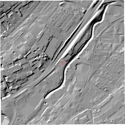 Shaded relief map of the ground around BS29ES, computed from Environment Agency LiDAR. The ground here sits at about 11 m above sea level and falls 16 m across the surrounding 800 m. Surface water reaching this point runs off ground lying to the north-north-east, 3.2 m higher.