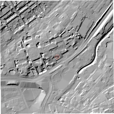 Shaded relief map of the ground around BS29HG, computed from Environment Agency LiDAR. The ground here sits at about 12 m above sea level and falls 22 m across the surrounding 800 m. Surface water reaching this point runs off ground lying to the west, 8.3 m higher.