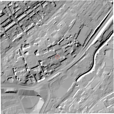 Shaded relief map of the ground around BS29HH, computed from Environment Agency LiDAR. The ground here sits at about 13 m above sea level and falls 22 m across the surrounding 800 m. Surface water reaching this point runs off ground lying to the west, 4.1 m higher.