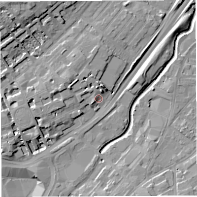 Shaded relief map of the ground around BS29HP, computed from Environment Agency LiDAR. The ground here sits at about 11 m above sea level and falls 17 m across the surrounding 800 m. Surface water reaching this point runs off ground lying to the north, 6.2 m higher.