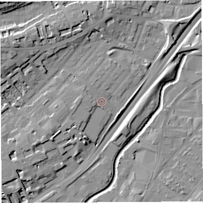 Shaded relief map of the ground around BS29JJ, computed from Environment Agency LiDAR. The ground here sits at about 12 m above sea level and falls 19 m across the surrounding 800 m. Surface water reaching this point runs off ground lying to the west, 3.6 m higher.