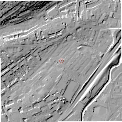 Shaded relief map of the ground around BS29JZ, computed from Environment Agency LiDAR. The ground here sits at about 13 m above sea level and falls 36 m across the surrounding 800 m. Surface water reaching this point runs off ground lying to the south-south-east, 2.9 m higher.