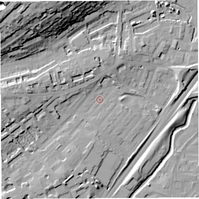 Shaded relief map of the ground around BS29LA, computed from Environment Agency LiDAR. The ground here sits at about 11 m above sea level and falls 42 m across the surrounding 800 m. Surface water reaching this point runs off ground lying to the west, 11.8 m higher.