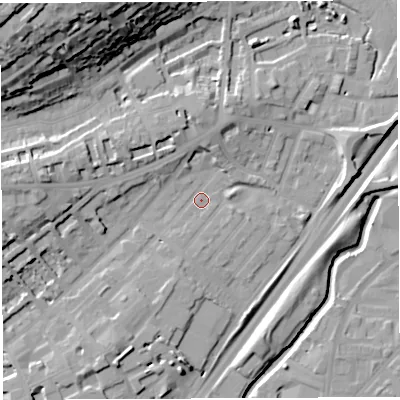 Shaded relief map of the ground around BS29LD, computed from Environment Agency LiDAR. The ground here sits at about 11 m above sea level and falls 40 m across the surrounding 800 m. Surface water reaching this point runs off ground lying to the west, 11.6 m higher.