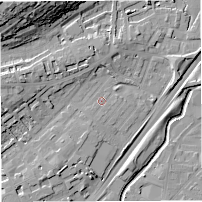 Shaded relief map of the ground around BS29LE, computed from Environment Agency LiDAR. The ground here sits at about 12 m above sea level and falls 38 m across the surrounding 800 m. Surface water reaching this point runs off ground lying to the south-west, 1.9 m higher.