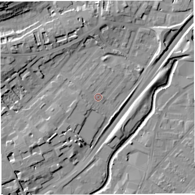 Shaded relief map of the ground around BS29LF, computed from Environment Agency LiDAR. The ground here sits at about 12 m above sea level and falls 24 m across the surrounding 800 m. Surface water reaching this point runs off ground lying to the west-south-west, 3.2 m higher.