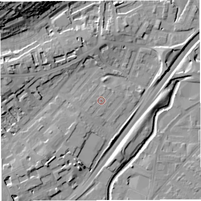 Shaded relief map of the ground around BS29LG, computed from Environment Agency LiDAR. The ground here sits at about 12 m above sea level and falls 34 m across the surrounding 800 m. Surface water reaching this point runs off ground lying to the west-south-west, 1.3 m higher.