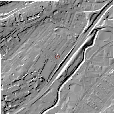 Shaded relief map of the ground around BS29LH, computed from Environment Agency LiDAR. The ground here sits at about 11 m above sea level and falls 17 m across the surrounding 800 m. Surface water reaching this point runs off ground lying to the west, 4.1 m higher.