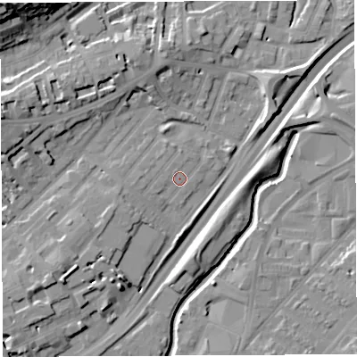 Shaded relief map of the ground around BS29LJ, computed from Environment Agency LiDAR. The ground here sits at about 11 m above sea level and falls 27 m across the surrounding 800 m. Surface water reaching this point runs off ground lying to the west, 2.0 m higher.