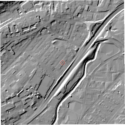 Shaded relief map of the ground around BS29LL, computed from Environment Agency LiDAR. The ground here sits at about 11 m above sea level and falls 22 m across the surrounding 800 m. Surface water reaching this point runs off ground lying to the west, 2.0 m higher.