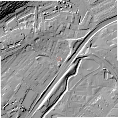 Shaded relief map of the ground around BS29LN, computed from Environment Agency LiDAR. The ground here sits at about 10 m above sea level and falls 34 m across the surrounding 800 m. Surface water reaching this point runs off ground lying to the west-north-west, 9.7 m higher.