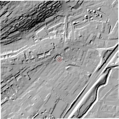 Shaded relief map of the ground around BS29LP, computed from Environment Agency LiDAR. The ground here sits at about 11 m above sea level and falls 50 m across the surrounding 800 m. Surface water reaching this point runs off ground lying to the west, 12.6 m higher.