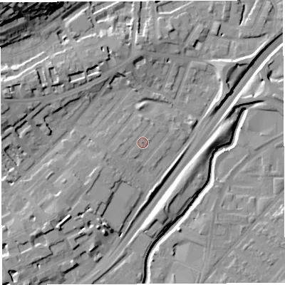 Shaded relief map of the ground around BS29LQ, computed from Environment Agency LiDAR. The ground here sits at about 12 m above sea level and falls 30 m across the surrounding 800 m. Surface water reaching this point runs off ground lying to the west-south-west, 1.8 m higher.