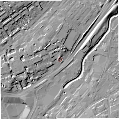 Shaded relief map of the ground around BS29LU, computed from Environment Agency LiDAR. The ground here sits at about 12 m above sea level and falls 17 m across the surrounding 800 m. Surface water reaching this point runs off ground lying to the north, 5.9 m higher.
