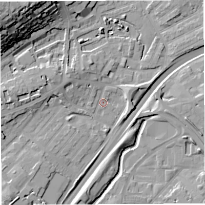 Shaded relief map of the ground around BS29LW, computed from Environment Agency LiDAR. The ground here sits at about 10 m above sea level and falls 37 m across the surrounding 800 m. Surface water reaching this point runs off ground lying to the west, 9.8 m higher.