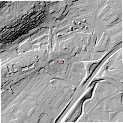 Shaded relief map of the ground around BS29NP, computed from Environment Agency LiDAR. The ground here sits at about 13 m above sea level and falls 46 m across the surrounding 800 m. Surface water reaching this point runs off ground lying to the north-west, 4.2 m higher.