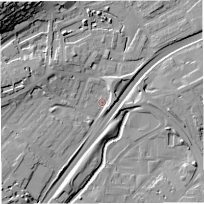 Shaded relief map of the ground around BS29NS, computed from Environment Agency LiDAR. The ground here sits at about 10 m above sea level and falls 34 m across the surrounding 800 m. Surface water reaching this point runs off ground lying to the west, 9.7 m higher.
