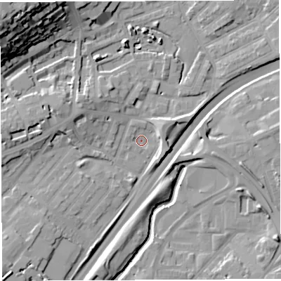 Shaded relief map of the ground around BS29NT, computed from Environment Agency LiDAR. The ground here sits at about 9 m above sea level and falls 35 m across the surrounding 800 m. Surface water reaching this point runs off ground lying to the west, 9.4 m higher.