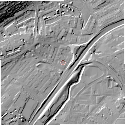 Shaded relief map of the ground around BS29NU, computed from Environment Agency LiDAR. The ground here sits at about 10 m above sea level and falls 36 m across the surrounding 800 m. Surface water reaching this point runs off ground lying to the south-west, 7.7 m higher.