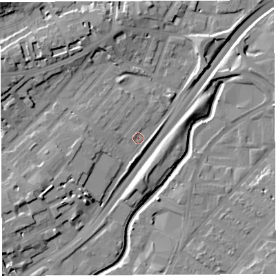 Shaded relief map of the ground around BS29NY, computed from Environment Agency LiDAR. The ground here sits at about 10 m above sea level and falls 16 m across the surrounding 800 m. Surface water reaching this point runs off ground lying to the west-south-west, 6.5 m higher.