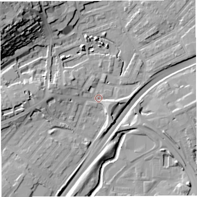 Shaded relief map of the ground around BS29PZ, computed from Environment Agency LiDAR. The ground here sits at about 10 m above sea level and falls 34 m across the surrounding 800 m. Surface water reaching this point runs off ground lying to the north-west, 33.1 m higher.