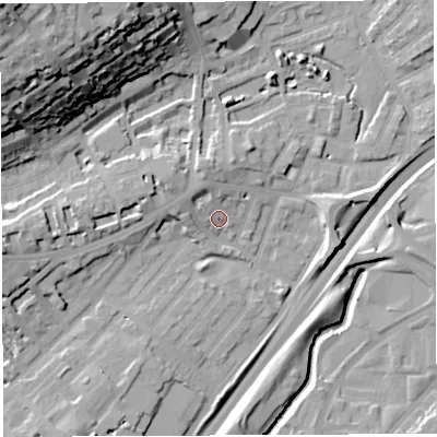 Shaded relief map of the ground around BS29QD, computed from Environment Agency LiDAR. The ground here sits at about 12 m above sea level and falls 45 m across the surrounding 800 m. Surface water reaching this point runs off ground lying to the north-west, 5.6 m higher.