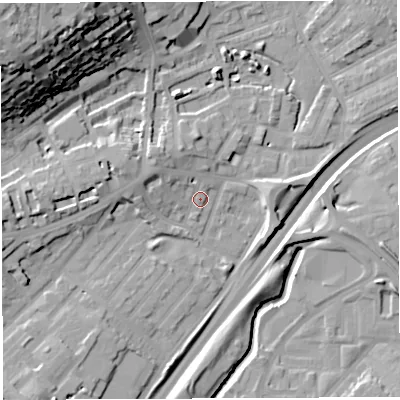 Shaded relief map of the ground around BS29QE, computed from Environment Agency LiDAR. The ground here sits at about 11 m above sea level and falls 38 m across the surrounding 800 m. Surface water reaching this point runs off ground lying to the west-north-west, 5.0 m higher.