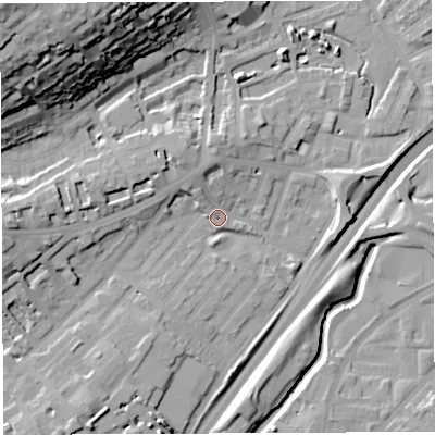 Shaded relief map of the ground around BS29QJ, computed from Environment Agency LiDAR. The ground here sits at about 12 m above sea level and falls 42 m across the surrounding 800 m. Surface water reaching this point runs off ground lying to the west, 12.6 m higher.