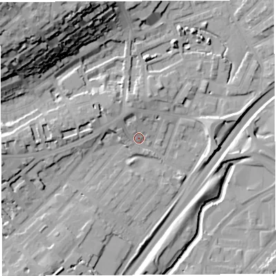 Shaded relief map of the ground around BS29QL, computed from Environment Agency LiDAR. The ground here sits at about 12 m above sea level and falls 43 m across the surrounding 800 m. Surface water reaching this point runs off ground lying to the north-north-west, 5.7 m higher.
