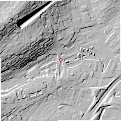 Shaded relief map of the ground around BS29QP, computed from Environment Agency LiDAR. The ground here sits at about 12 m above sea level and falls 54 m across the surrounding 800 m. Surface water reaching this point runs off ground lying to the west-north-west, 49.1 m higher.