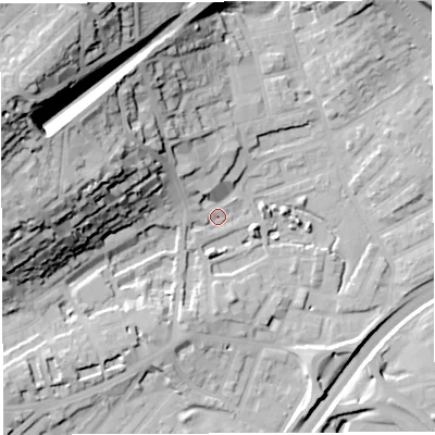 Shaded relief map of the ground around BS29QS, computed from Environment Agency LiDAR. The ground here sits at about 11 m above sea level and falls 52 m across the surrounding 800 m. Surface water reaching this point runs off ground lying to the west-north-west, 47.9 m higher.