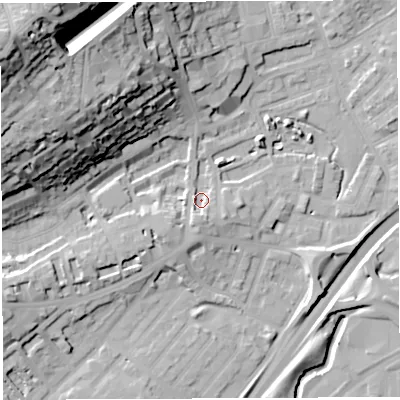 Shaded relief map of the ground around BS29QW, computed from Environment Agency LiDAR. The ground here sits at about 12 m above sea level and falls 54 m across the surrounding 800 m. Surface water reaching this point runs off ground lying to the south, 6.1 m higher.