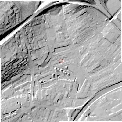 Shaded relief map of the ground around BS29QX, computed from Environment Agency LiDAR. The ground here sits at about 10 m above sea level and falls 47 m across the surrounding 800 m. Surface water reaching this point runs off ground lying to the west-north-west, 34.8 m higher.