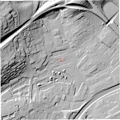Shaded relief map of the ground around BS29QY, computed from Environment Agency LiDAR. The ground here sits at about 11 m above sea level and falls 46 m across the surrounding 800 m. Surface water reaching this point runs off ground lying to the west, 34.5 m higher.