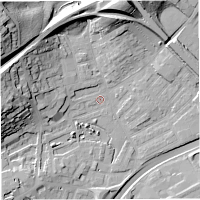 Shaded relief map of the ground around BS29QZ, computed from Environment Agency LiDAR. The ground here sits at about 10 m above sea level and falls 44 m across the surrounding 800 m. Surface water reaching this point runs off ground lying to the west, 15.2 m higher.